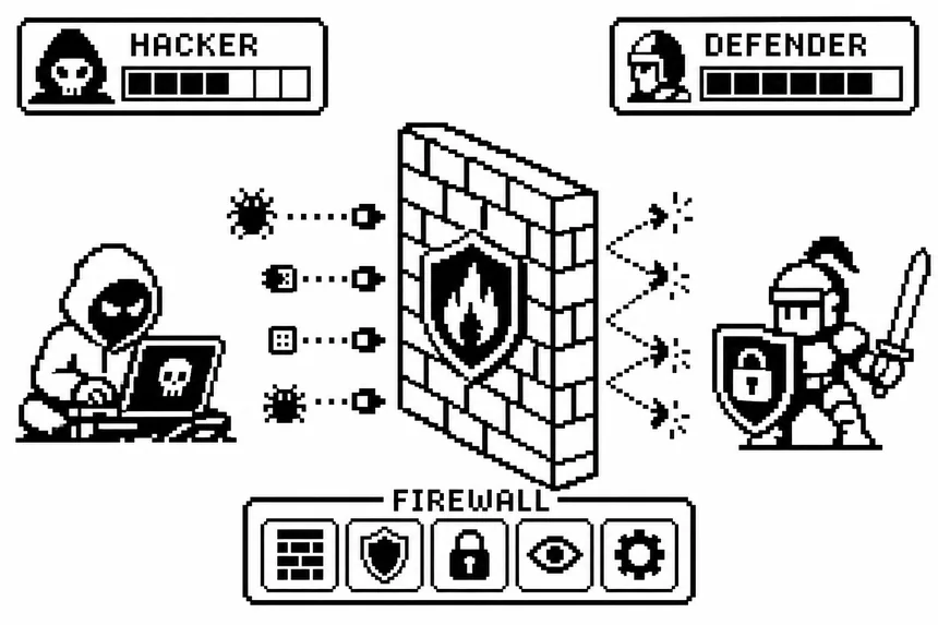 Cybersecurity firewall threats darknet users pixel art
