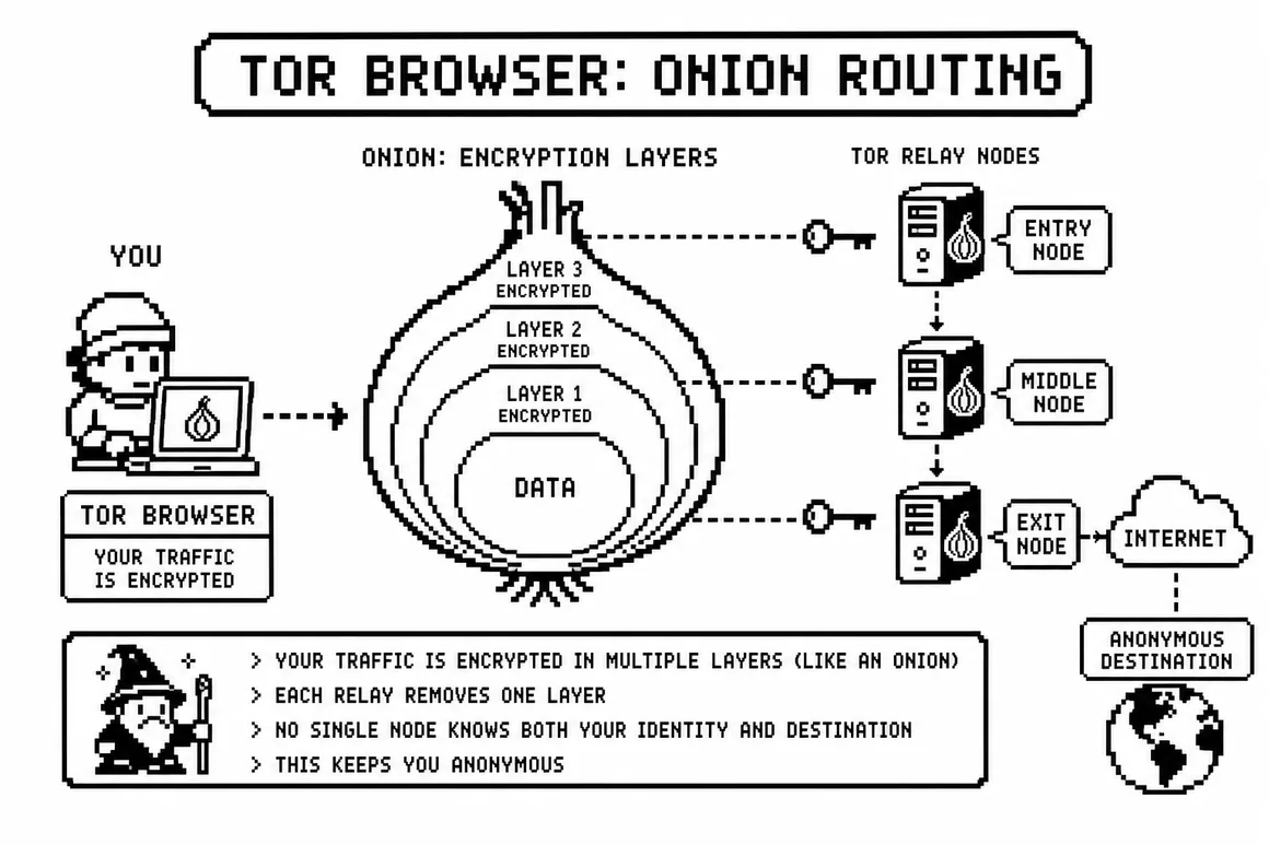 Tor Browser onion routing layers diagram pixel art